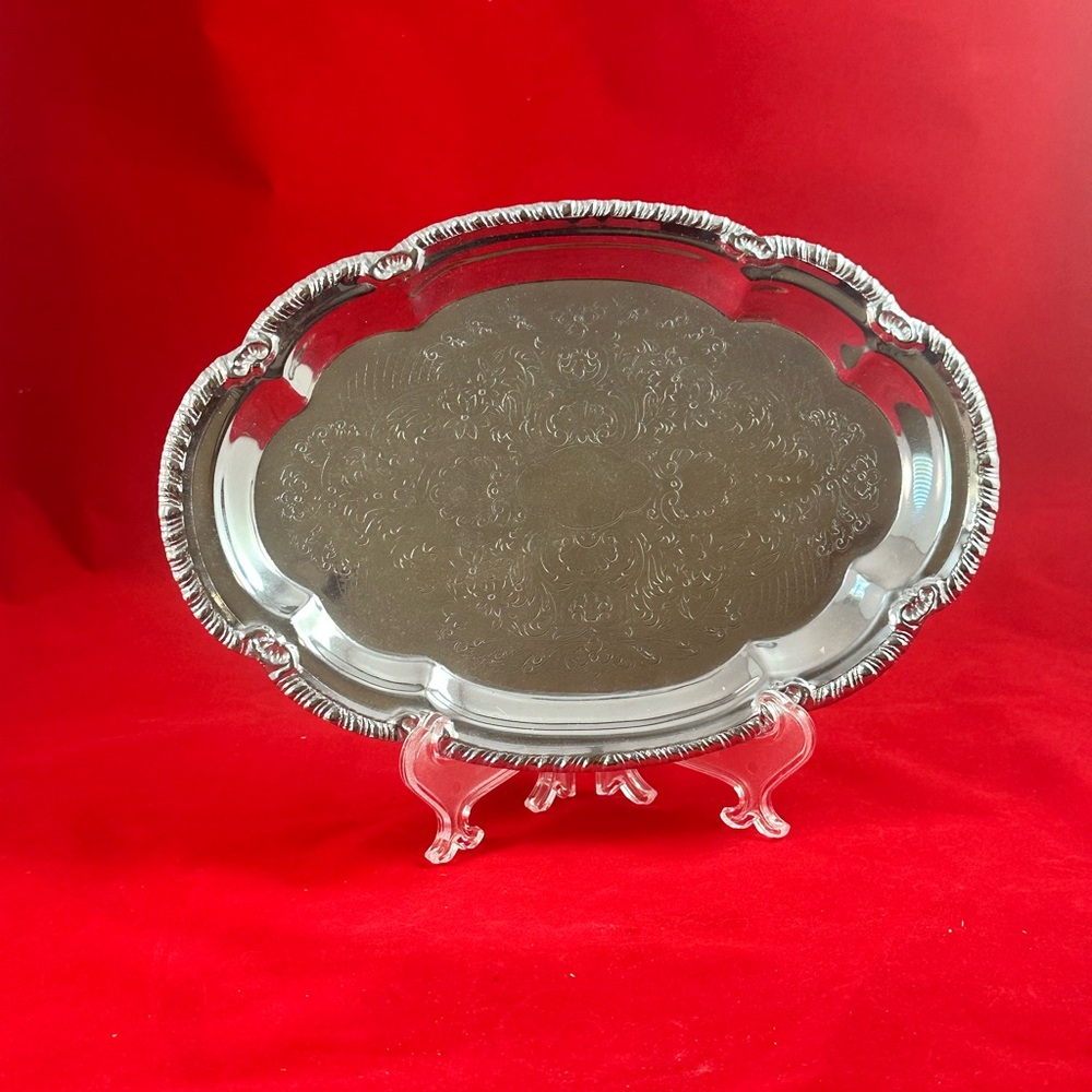 Engraved Silver Platter with Scalloped Edge